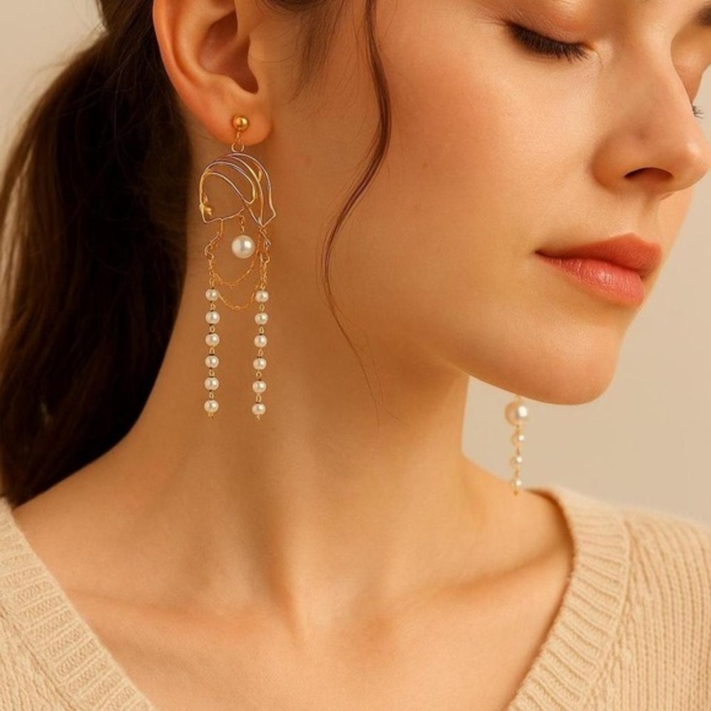 Gold Face Outline Pearl Drop Earrings Inspired by "Girl‎ with a Pearl Earring"